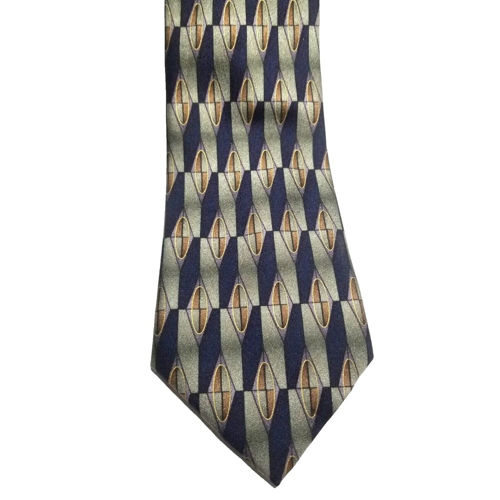 Antonia Collection Handmade Silk Geometric‎ Long Pointed Tie Blue/Green/Gold